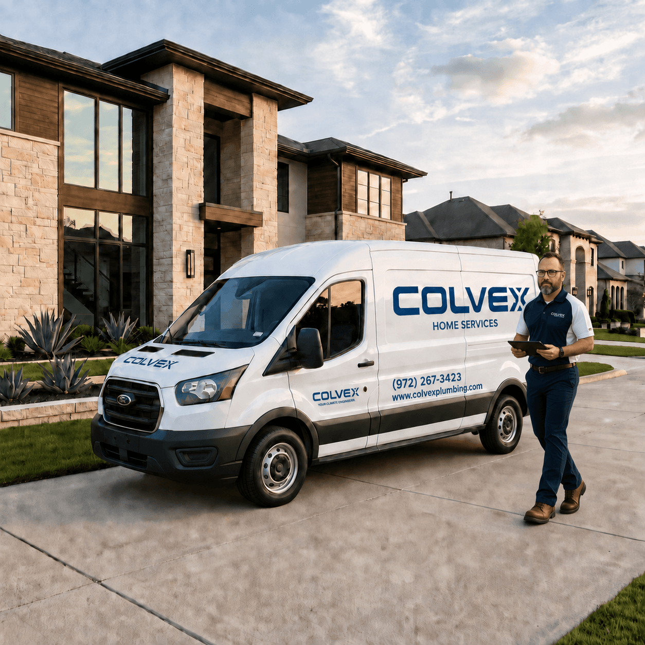 Branded Colvex service van at a modern DFW home's driveway