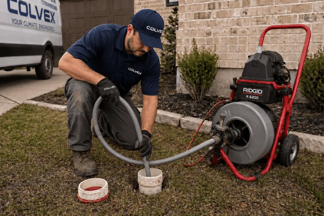 Colvex technician performing drain and sewer service at a DFW home