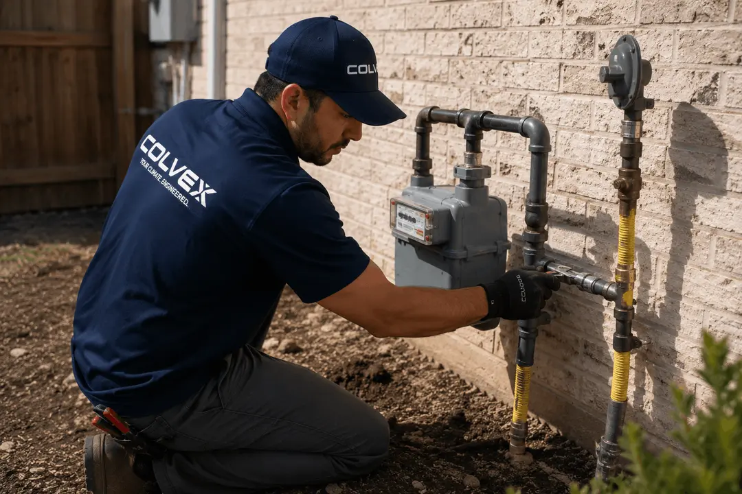 Colvex technician working on a gas line at a DFW home