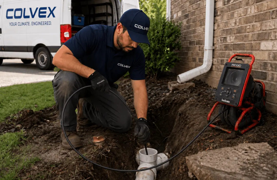 Colvex technician performing sewer line repair at a DFW home