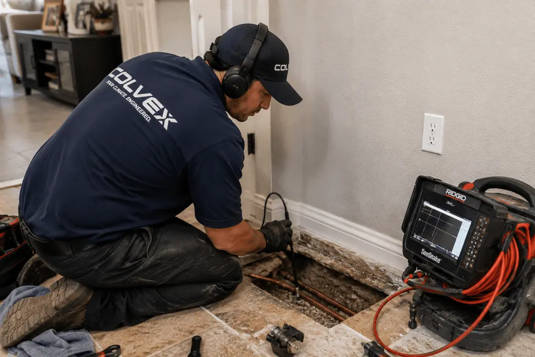 Colvex technician performing slab leak detection at a DFW home