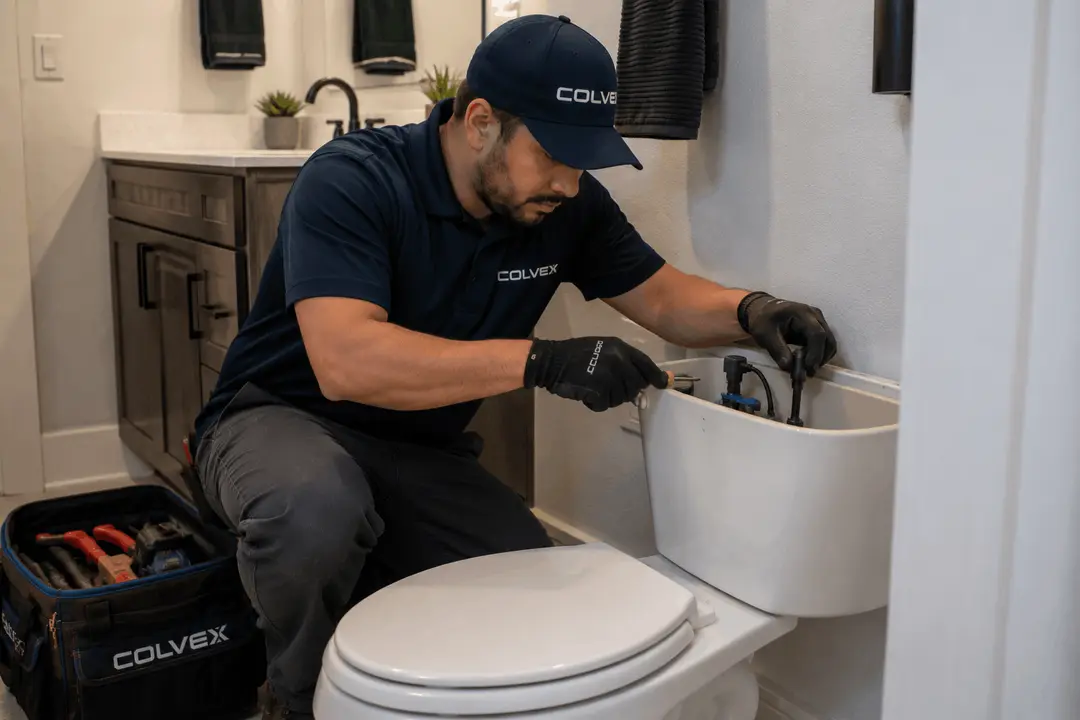 Colvex technician performing toilet repair at a DFW home