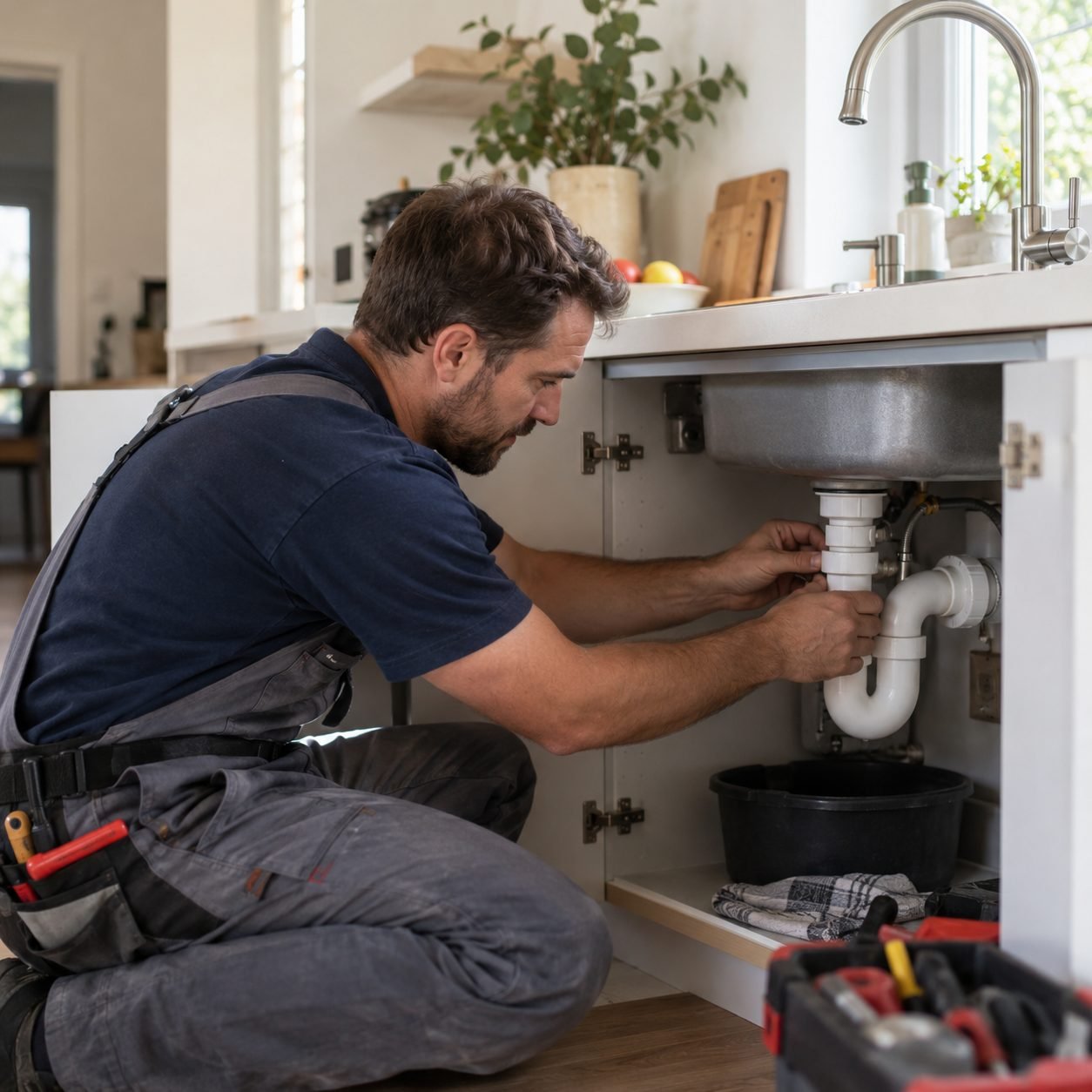 Residential plumber examining aging water supply pipes and drainage systems in Dallas County - TX, Residential plumbing inspection examining aging drain connections and outdoor water lines in Lewisville - TX