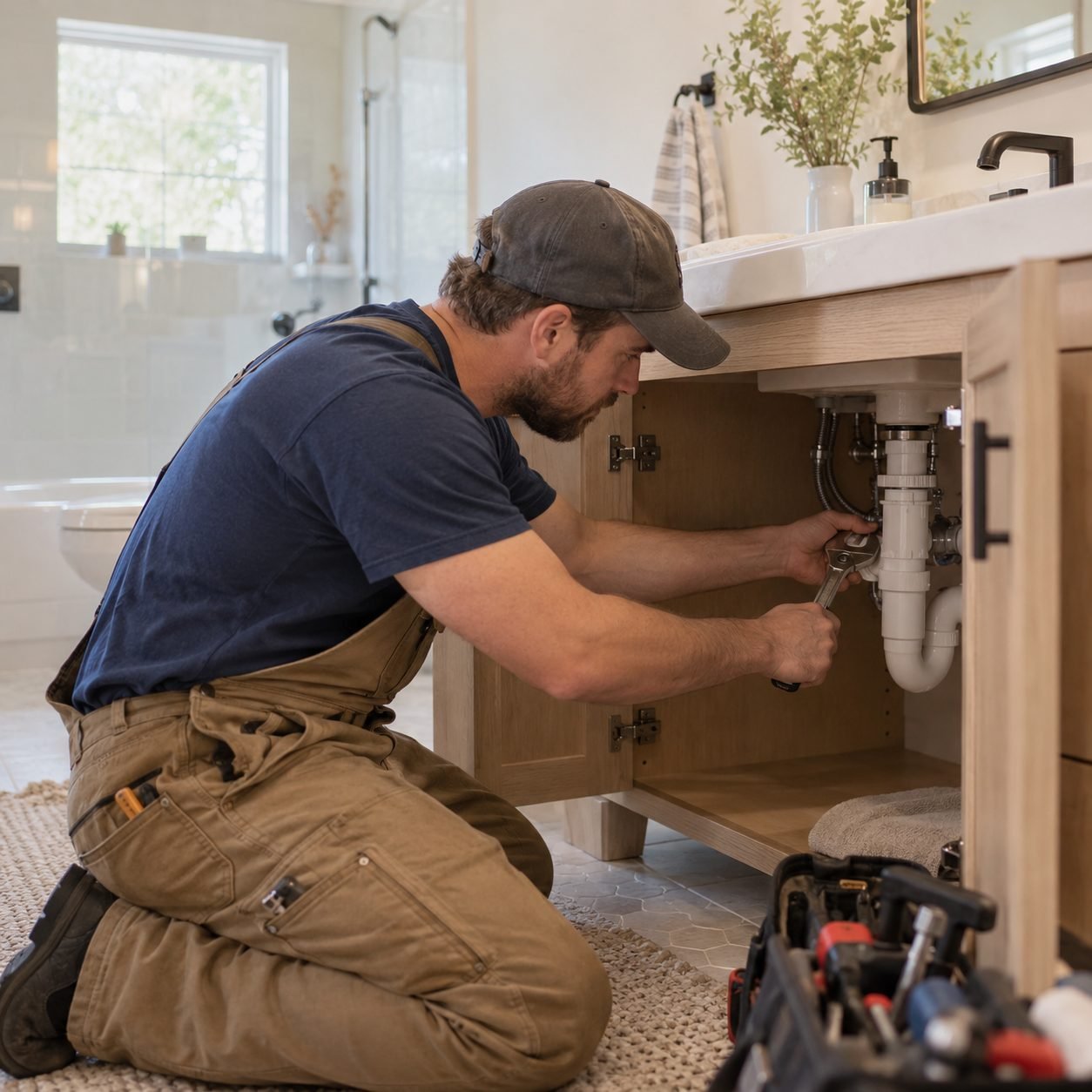 Residential plumbing inspection checking exposed pipes for seasonal weather damage in Denton County - TX, Residential plumbing inspection identifying concealed water leaks near finished flooring in Flower Mound - TX