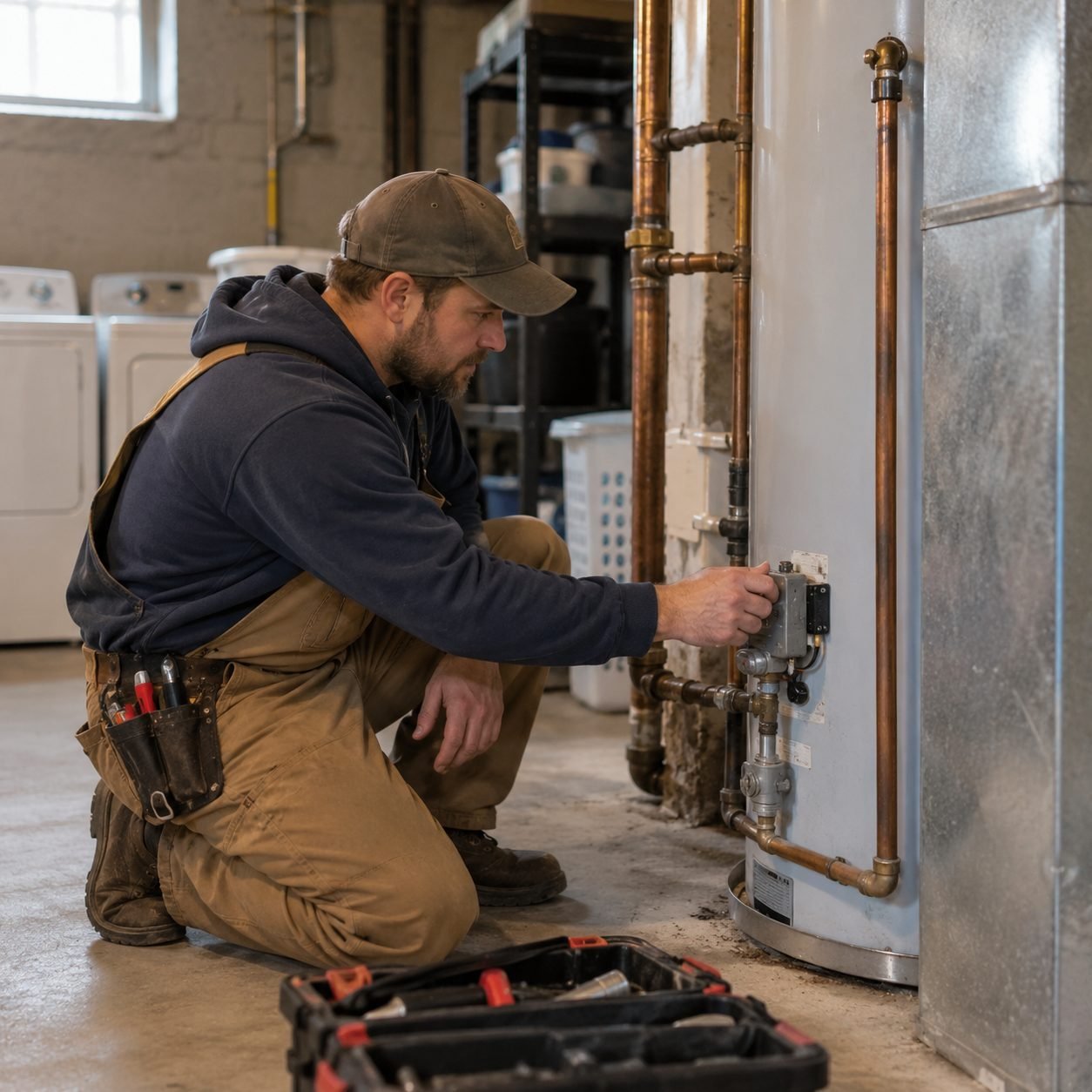 Residential plumber examining exposed water pipes for freeze damage in Grayson County - TX, Residential plumbing inspection examining outdoor water connections and aging drainpipes in Rowlett - TX