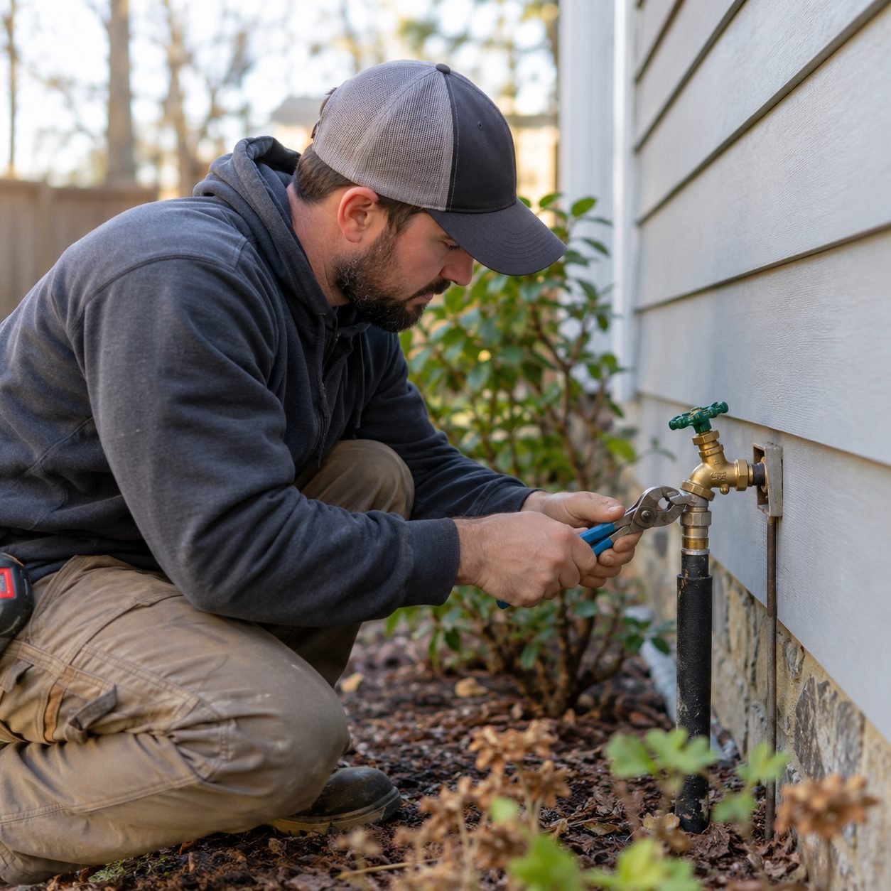 Residential plumbing inspection checking aging drainpipes and outdoor water connections in Carrollton / Farmers Branch - TX